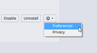 Opera 11 Beta:エクステンション管理画面(設定画面表示、拡大)